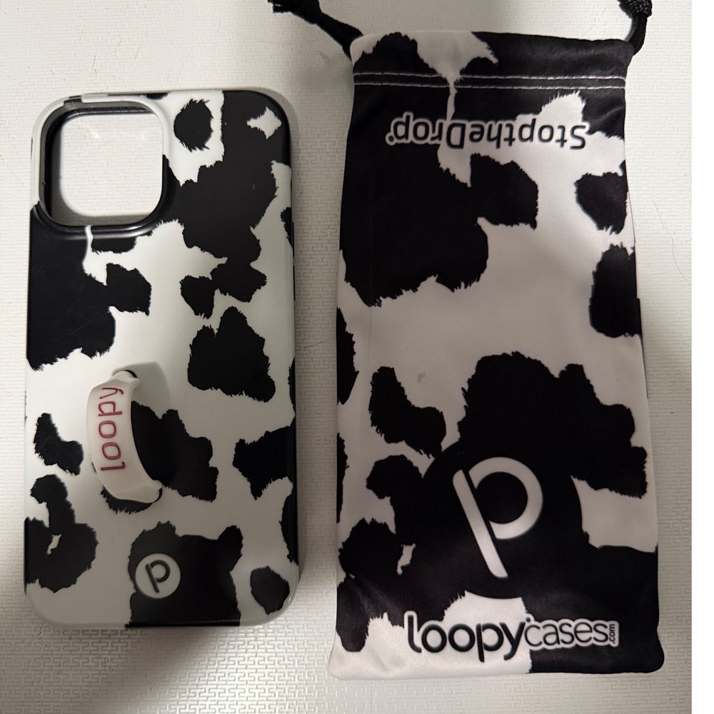 Loopy Cases iPhone 13 Pro Max‎ Cover Black White Cow Print Phone Grip Protective